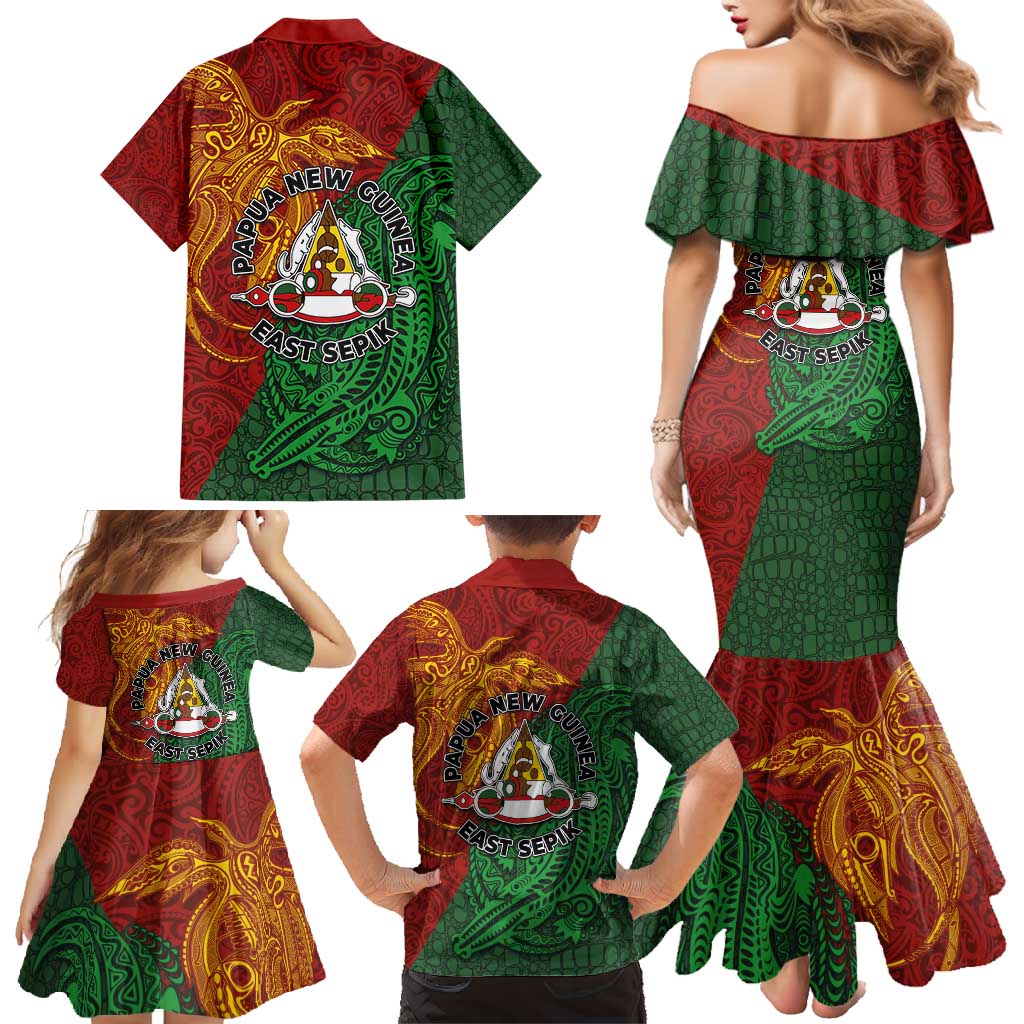 Papua New Guinea East Sepik Province Family Matching Mermaid Dress and Hawaiian Shirt Tribal Crocodile Birds of Paradise Melanesian Tattoo