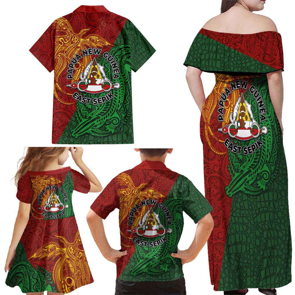 Papua New Guinea East Sepik Province Family Matching Off Shoulder Maxi Dress and Hawaiian Shirt Tribal Crocodile Birds of Paradise Melanesian Tattoo