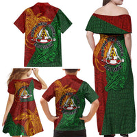 Papua New Guinea East Sepik Province Family Matching Off Shoulder Maxi Dress and Hawaiian Shirt Tribal Crocodile Birds of Paradise Melanesian Tattoo