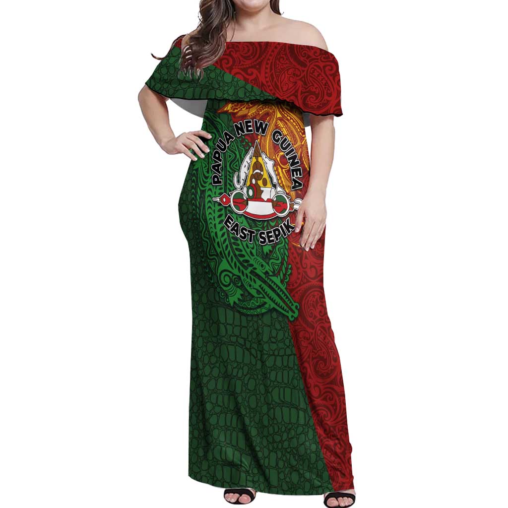 Papua New Guinea East Sepik Province Off Shoulder Maxi Dress Tribal Crocodile Birds of Paradise Melanesian Tattoo