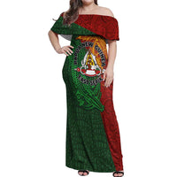 Papua New Guinea East Sepik Province Off Shoulder Maxi Dress Tribal Crocodile Birds of Paradise Melanesian Tattoo