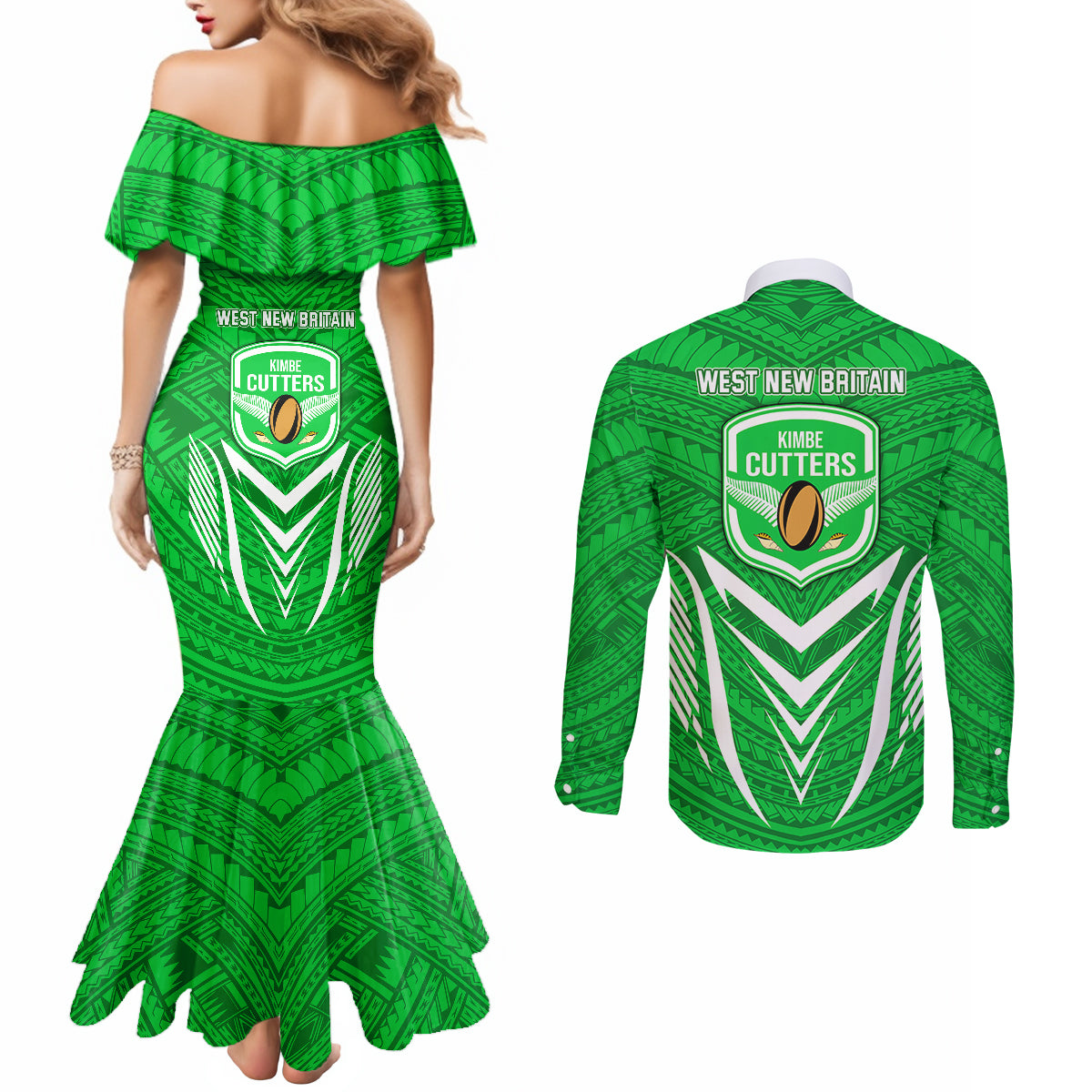 Kimbe Cutters Rugby Couples Matching Mermaid Dress and Long Sleeve Button Shirts Papua New Guinea Polynesian Tattoo Green Version LT03 - Polynesian Pride