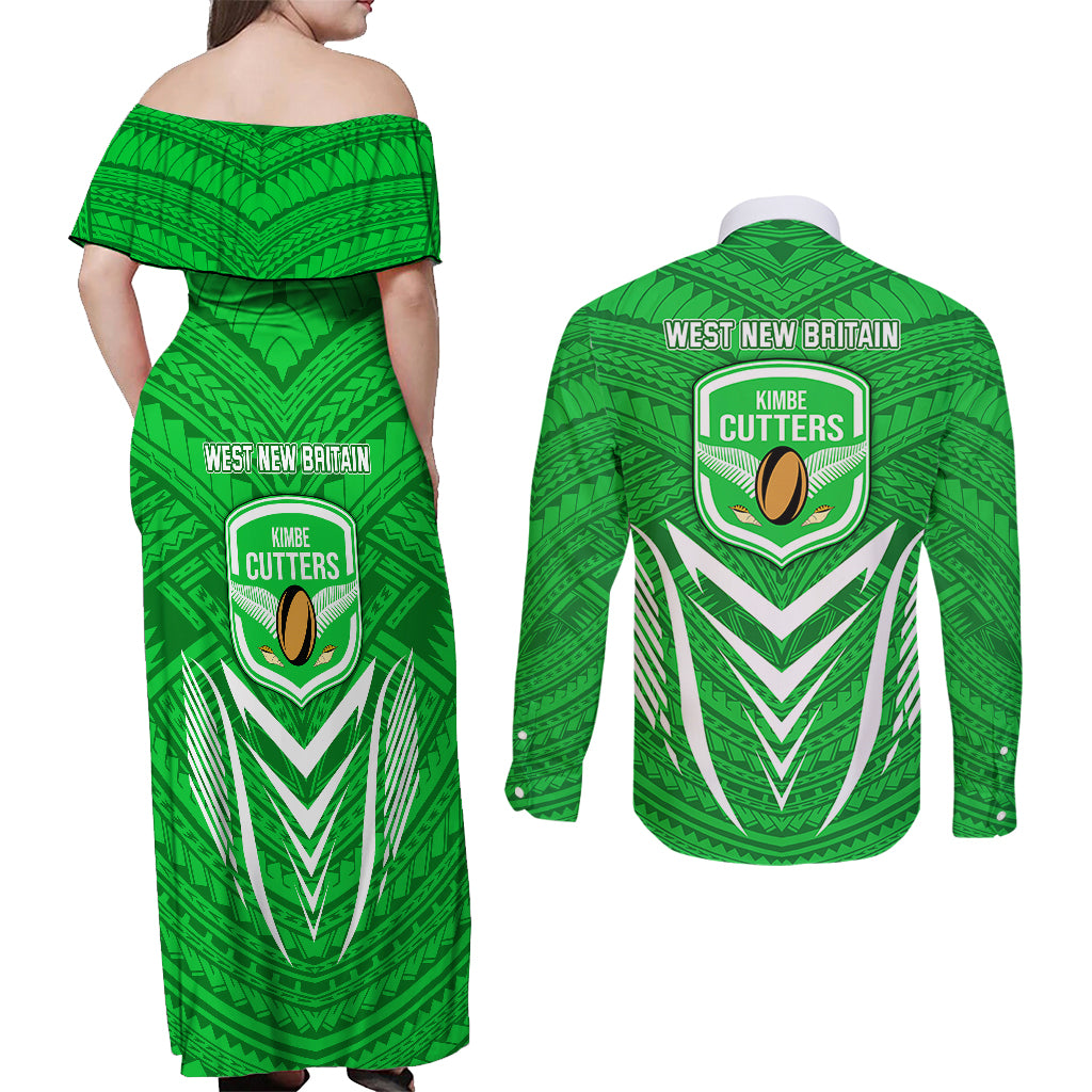 Kimbe Cutters Rugby Couples Matching Off Shoulder Maxi Dress and Long Sleeve Button Shirts Papua New Guinea Polynesian Tattoo Green Version LT03 - Polynesian Pride