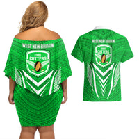 Kimbe Cutters Rugby Couples Matching Off Shoulder Short Dress and Hawaiian Shirt Papua New Guinea Polynesian Tattoo Green Version LT03 - Polynesian Pride