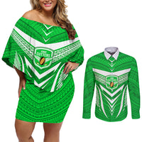 Kimbe Cutters Rugby Couples Matching Off Shoulder Short Dress and Long Sleeve Button Shirts Papua New Guinea Polynesian Tattoo Green Version LT03 Green - Polynesian Pride