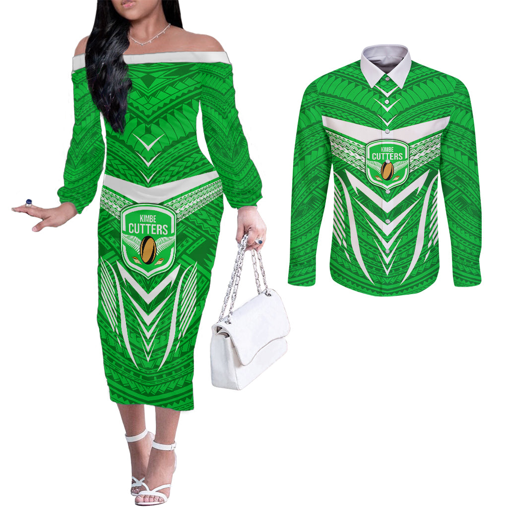 Kimbe Cutters Rugby Couples Matching Off The Shoulder Long Sleeve Dress and Long Sleeve Button Shirts Papua New Guinea Polynesian Tattoo Green Version LT03 Green - Polynesian Pride