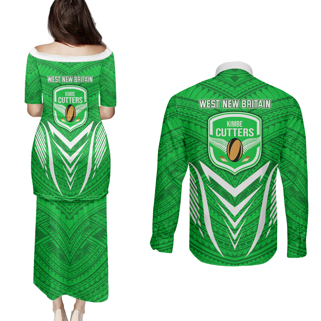 Kimbe Cutters Rugby Couples Matching Puletasi Dress and Long Sleeve Button Shirts Papua New Guinea Polynesian Tattoo Green Version LT03 - Polynesian Pride