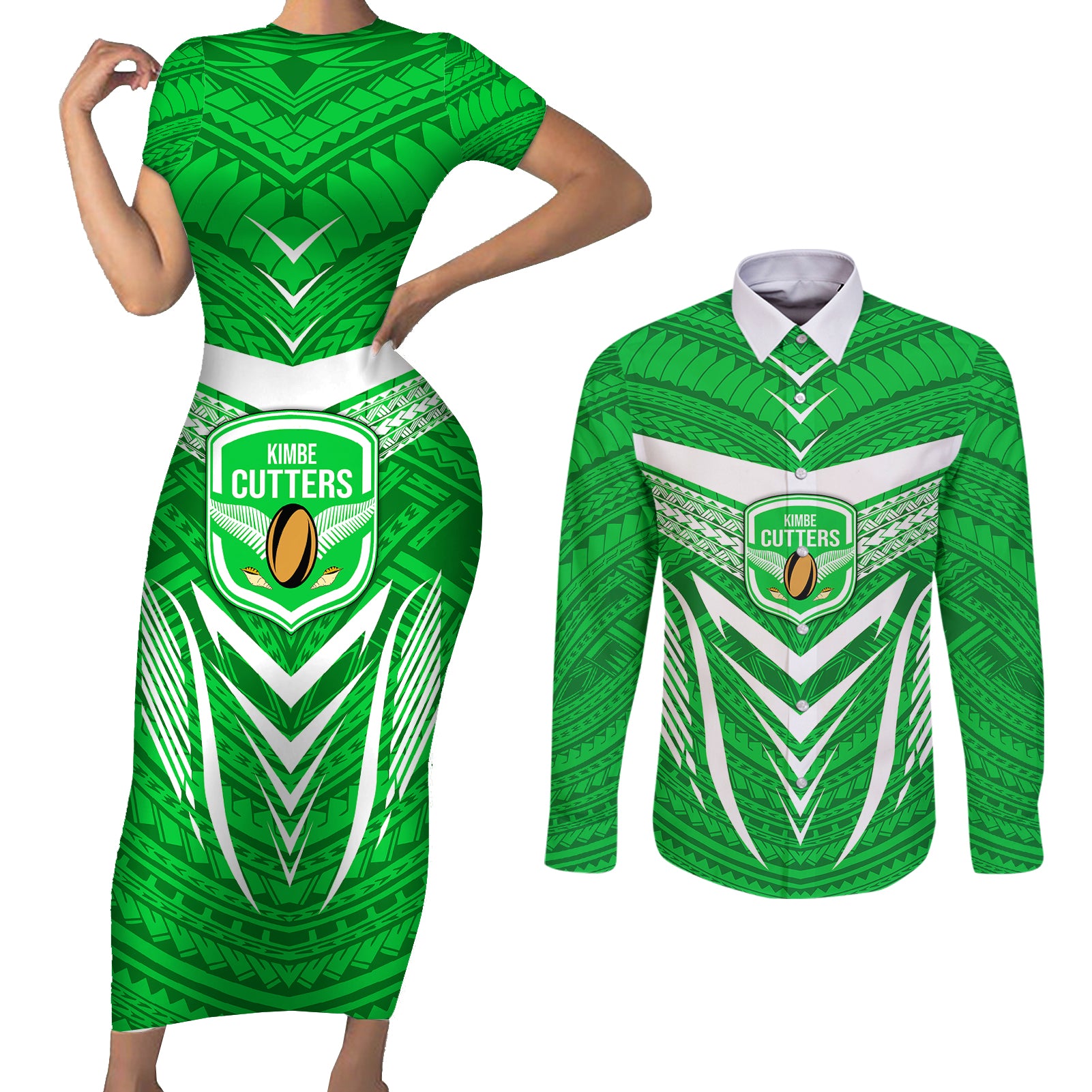 Kimbe Cutters Rugby Couples Matching Short Sleeve Bodycon Dress and Long Sleeve Button Shirts Papua New Guinea Polynesian Tattoo Green Version LT03 Green - Polynesian Pride