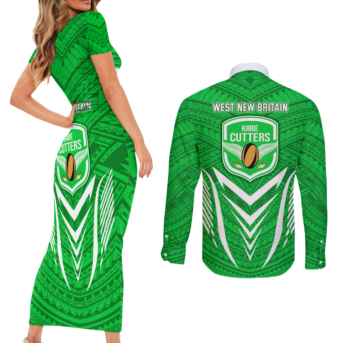 Kimbe Cutters Rugby Couples Matching Short Sleeve Bodycon Dress and Long Sleeve Button Shirts Papua New Guinea Polynesian Tattoo Green Version LT03 - Polynesian Pride