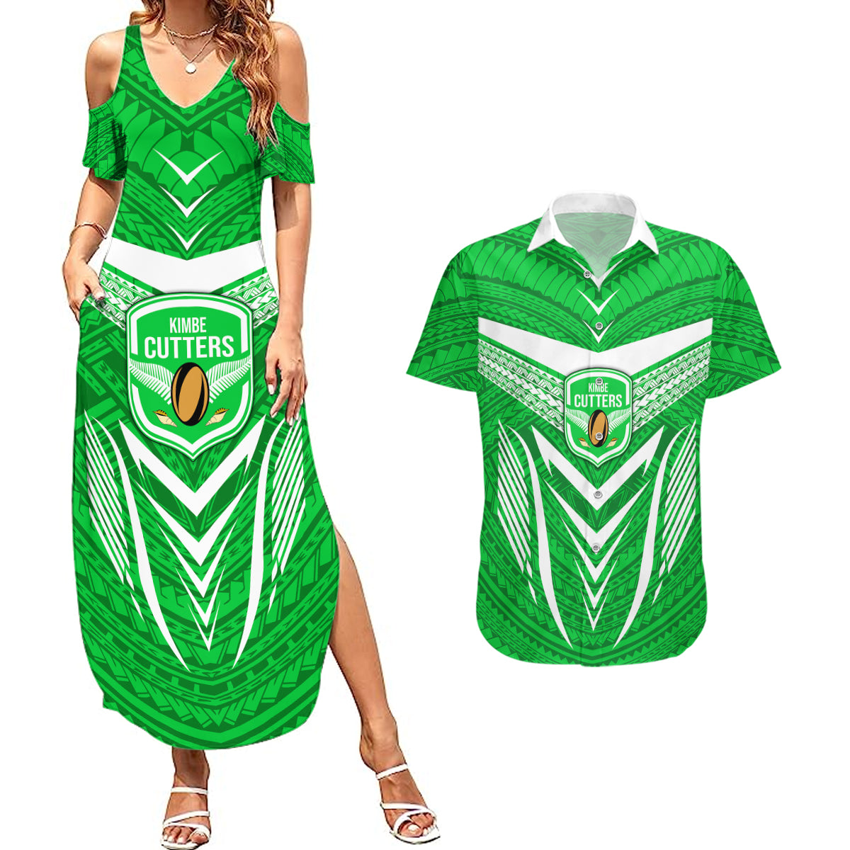 Kimbe Cutters Rugby Couples Matching Summer Maxi Dress and Hawaiian Shirt Papua New Guinea Polynesian Tattoo Green Version LT03 Green - Polynesian Pride