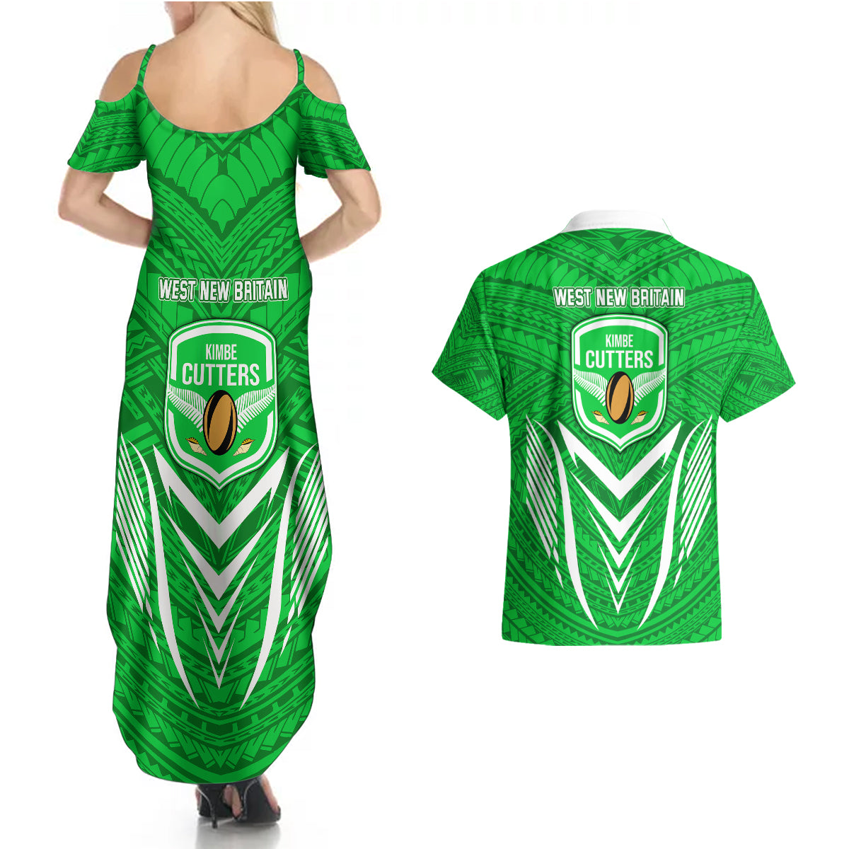 Kimbe Cutters Rugby Couples Matching Summer Maxi Dress and Hawaiian Shirt Papua New Guinea Polynesian Tattoo Green Version LT03 - Polynesian Pride