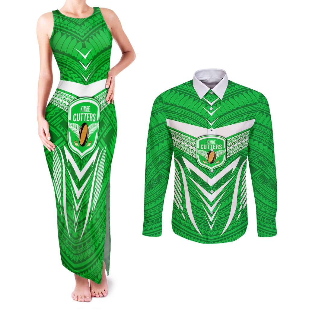 Kimbe Cutters Rugby Couples Matching Tank Maxi Dress and Long Sleeve Button Shirts Papua New Guinea Polynesian Tattoo Green Version LT03 Green - Polynesian Pride
