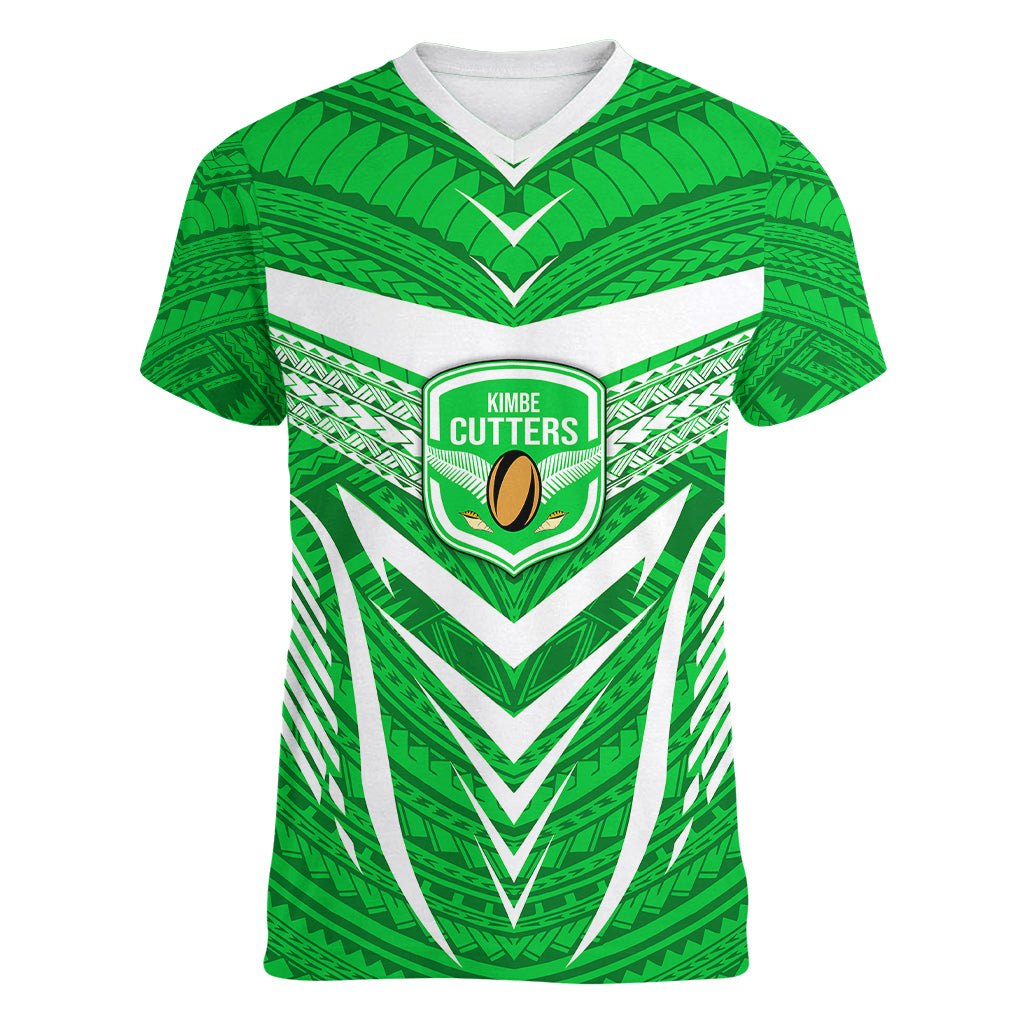 Kimbe Cutters Rugby Women V Neck T Shirt Papua New Guinea Polynesian Tattoo Green Version LT03 Female Green - Polynesian Pride