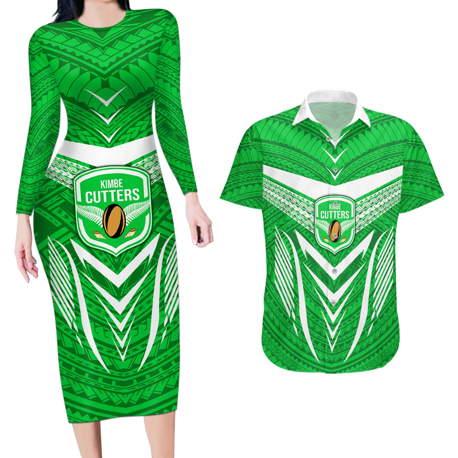 Custom Kimbe Cutters Rugby Couples Matching Long Sleeve Bodycon Dress and Hawaiian Shirt Papua New Guinea Polynesian Tattoo Green Version LT03 Green - Polynesian Pride