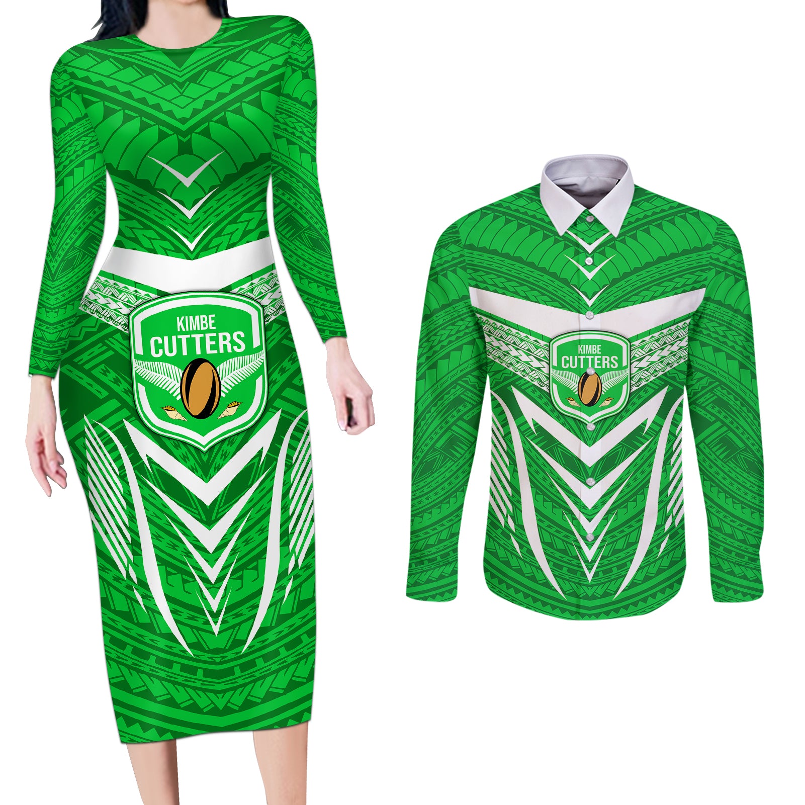 Custom Kimbe Cutters Rugby Couples Matching Long Sleeve Bodycon Dress and Long Sleeve Button Shirts Papua New Guinea Polynesian Tattoo Green Version LT03 Green - Polynesian Pride