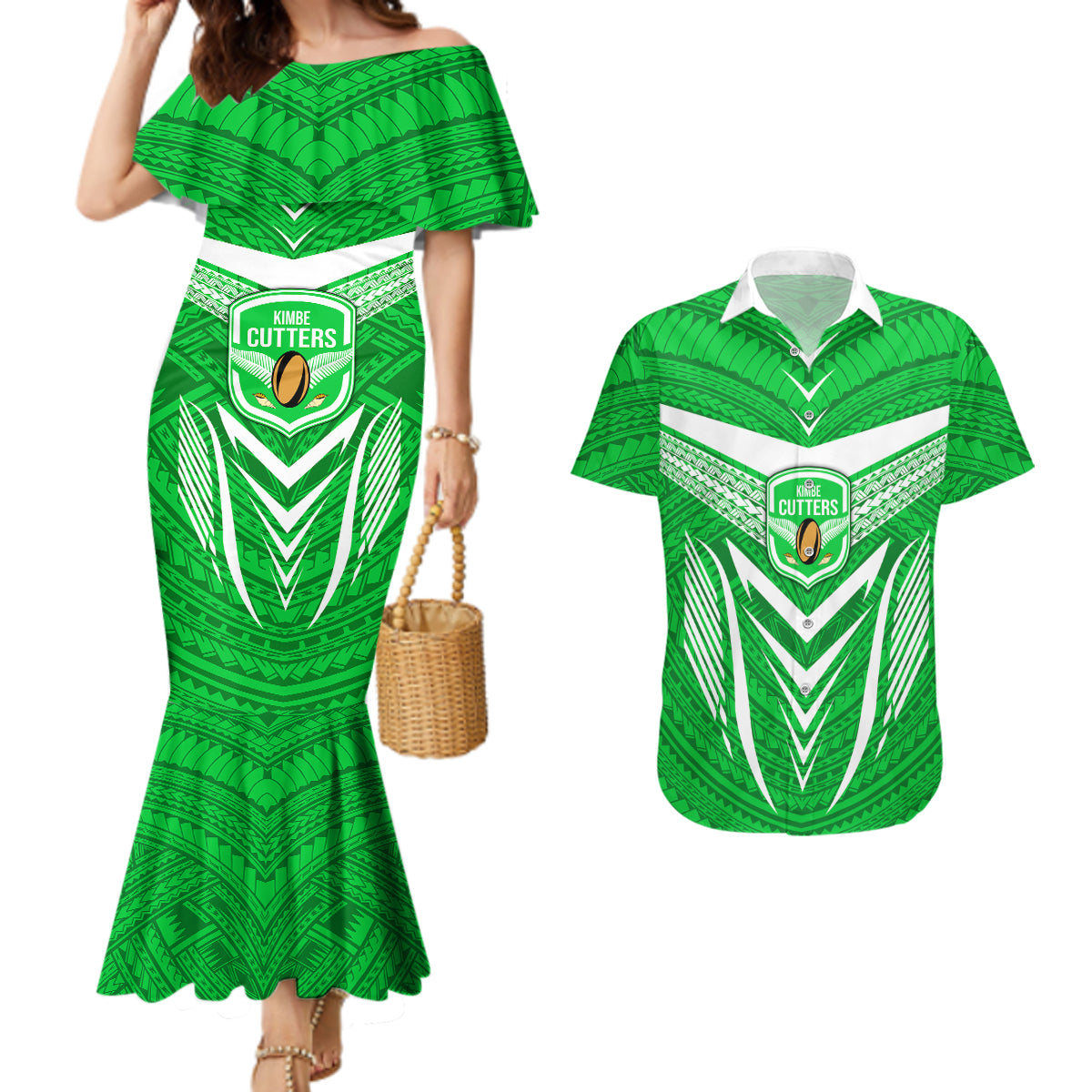 Custom Kimbe Cutters Rugby Couples Matching Mermaid Dress and Hawaiian Shirt Papua New Guinea Polynesian Tattoo Green Version LT03 Green - Polynesian Pride