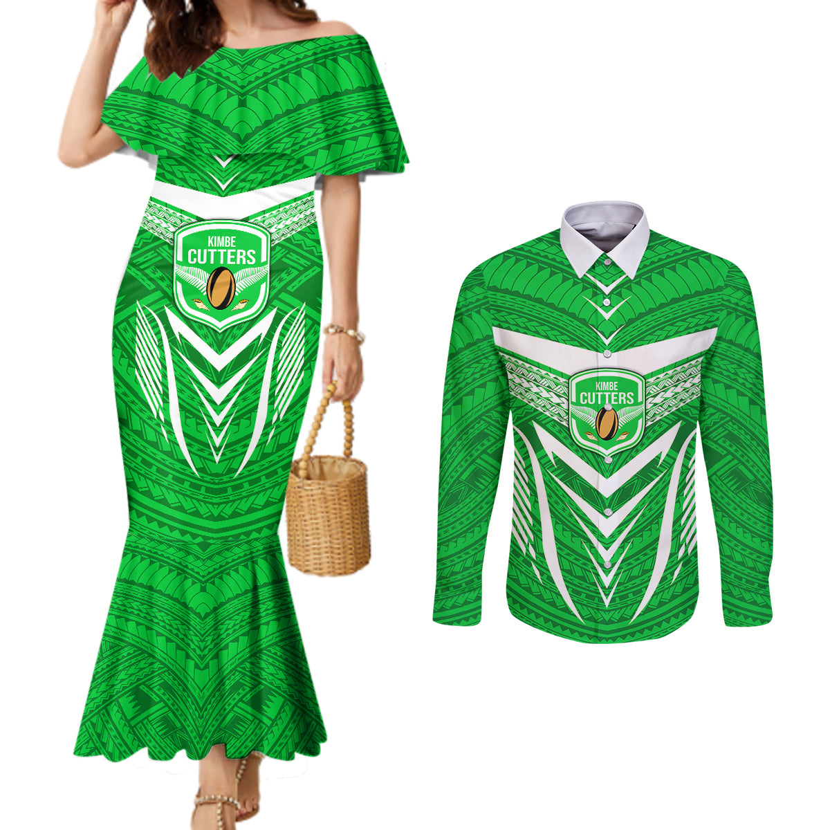 Custom Kimbe Cutters Rugby Couples Matching Mermaid Dress and Long Sleeve Button Shirts Papua New Guinea Polynesian Tattoo Green Version LT03 Green - Polynesian Pride