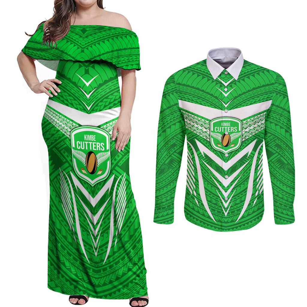 Custom Kimbe Cutters Rugby Couples Matching Off Shoulder Maxi Dress and Long Sleeve Button Shirts Papua New Guinea Polynesian Tattoo Green Version LT03 Green - Polynesian Pride