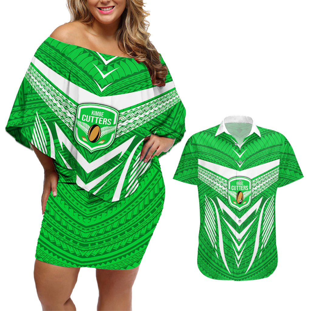 Custom Kimbe Cutters Rugby Couples Matching Off Shoulder Short Dress and Hawaiian Shirt Papua New Guinea Polynesian Tattoo Green Version LT03 Green - Polynesian Pride