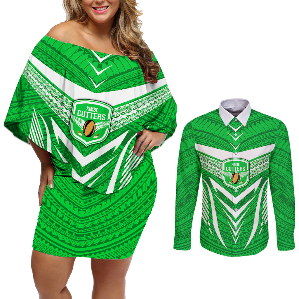 Custom Kimbe Cutters Rugby Couples Matching Off Shoulder Short Dress and Long Sleeve Button Shirts Papua New Guinea Polynesian Tattoo Green Version LT03 Green - Polynesian Pride