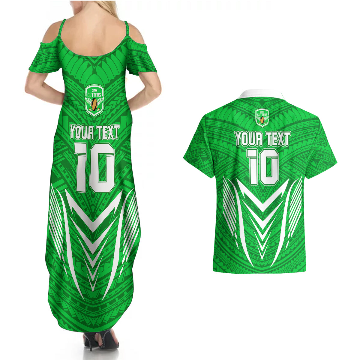 Custom Kimbe Cutters Rugby Couples Matching Summer Maxi Dress and Hawaiian Shirt Papua New Guinea Polynesian Tattoo Green Version LT03 - Polynesian Pride