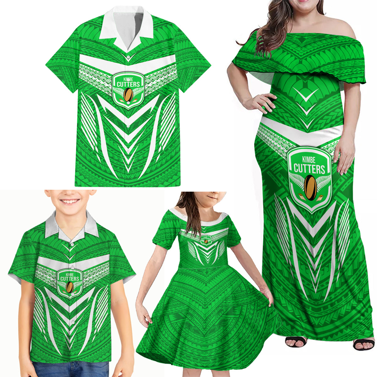 Custom Kimbe Cutters Rugby Family Matching Off Shoulder Maxi Dress and Hawaiian Shirt Papua New Guinea Polynesian Tattoo Green Version LT03 - Polynesian Pride