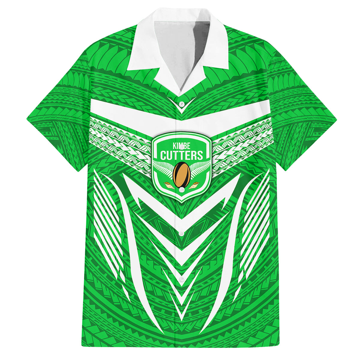 Custom Kimbe Cutters Rugby Family Matching Off Shoulder Maxi Dress and Hawaiian Shirt Papua New Guinea Polynesian Tattoo Green Version LT03 Dad's Shirt - Short Sleeve Green - Polynesian Pride