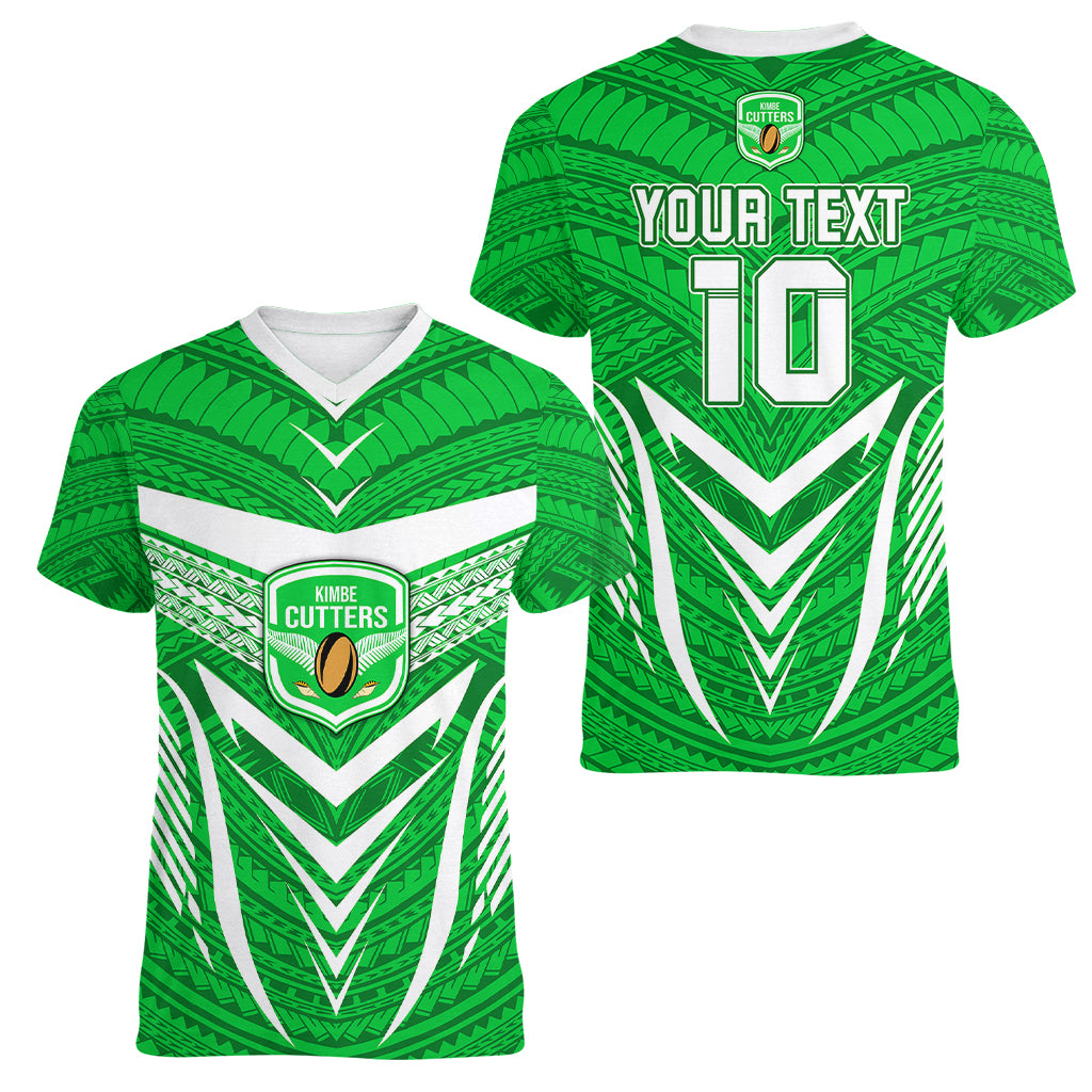 Custom Kimbe Cutters Rugby Women V Neck T Shirt Papua New Guinea Polynesian Tattoo Green Version LT03 - Polynesian Pride