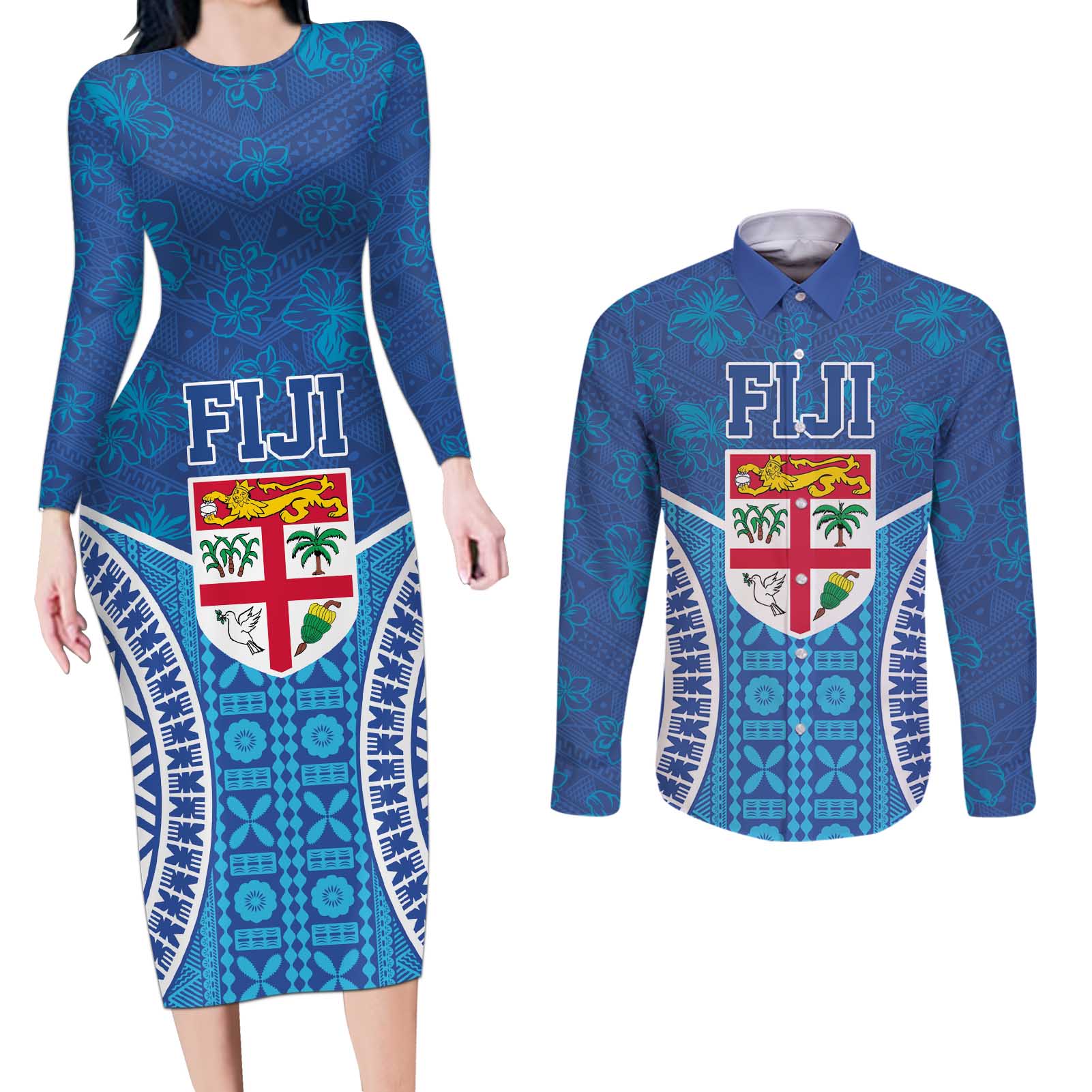 Fiji Day Couples Matching Long Sleeve Bodycon Dress and Long Sleeve Button Shirt Fijian Masi Tribal Hibiscus Tattoo and Tapa Pattern