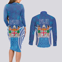 Fiji Day Couples Matching Long Sleeve Bodycon Dress and Long Sleeve Button Shirt Fijian Masi Tribal Hibiscus Tattoo and Tapa Pattern