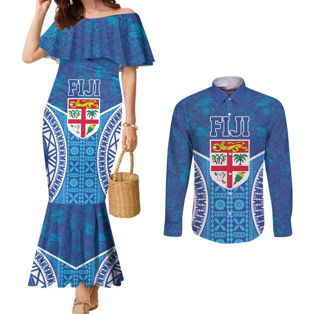 Fiji Day Couples Matching Mermaid Dress and Long Sleeve Button Shirt Fijian Masi Tribal Hibiscus Tattoo and Tapa Pattern