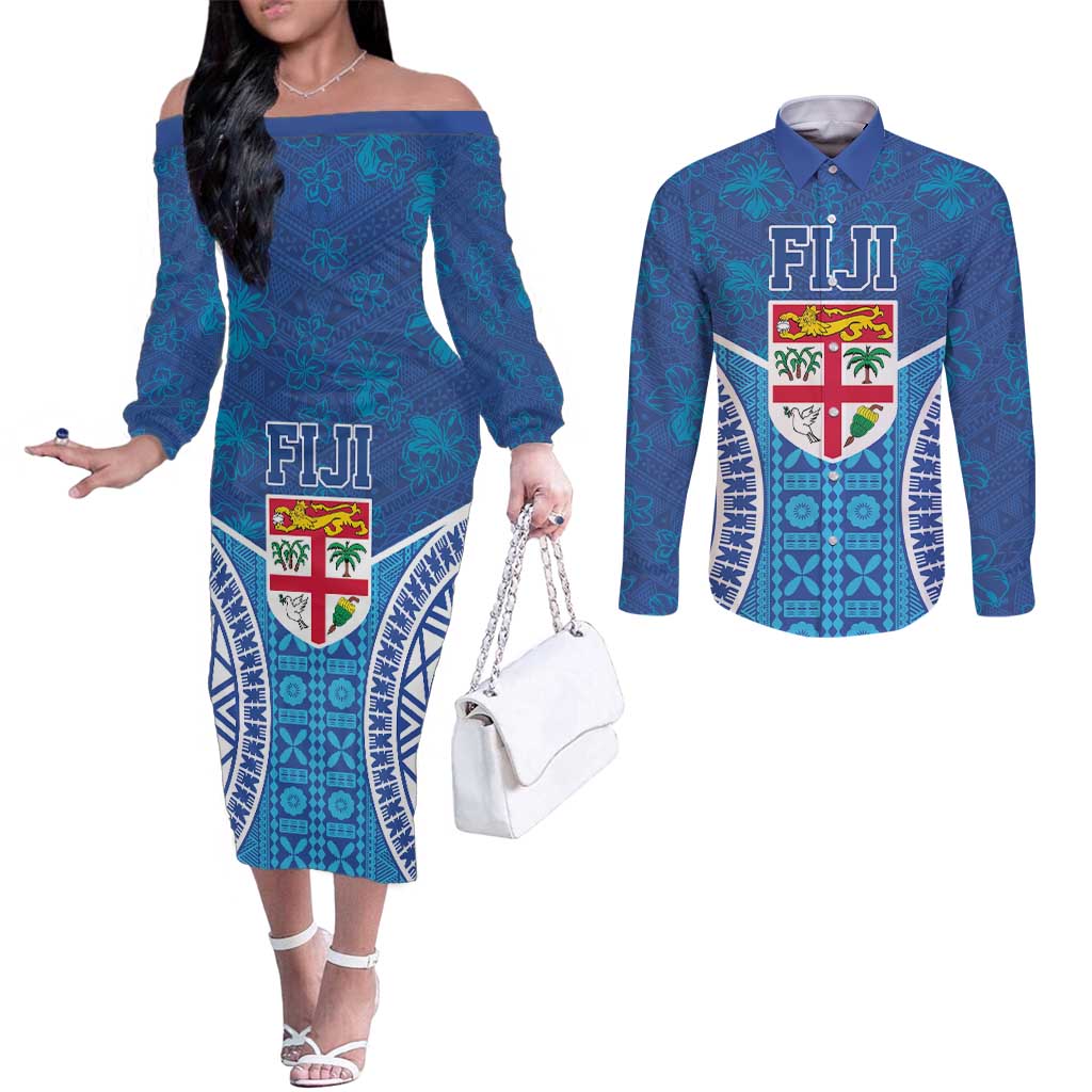 Fiji Day Couples Matching Off The Shoulder Long Sleeve Dress and Long Sleeve Button Shirt Fijian Masi Tribal Hibiscus Tattoo and Tapa Pattern