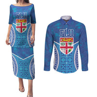 Fiji Day Couples Matching Puletasi and Long Sleeve Button Shirt Fijian Masi Tribal Hibiscus Tattoo and Tapa Pattern