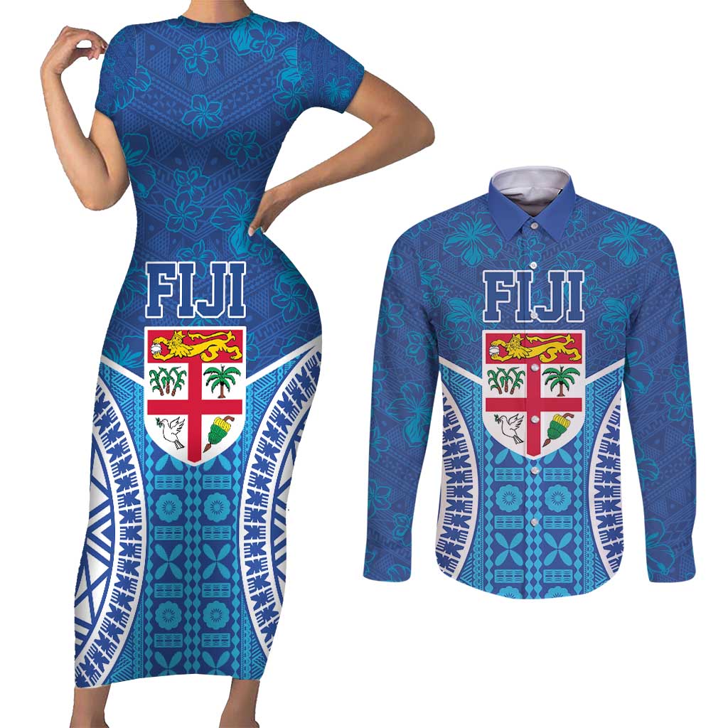 Fiji Day Couples Matching Short Sleeve Bodycon Dress and Long Sleeve Button Shirt Fijian Masi Tribal Hibiscus Tattoo and Tapa Pattern