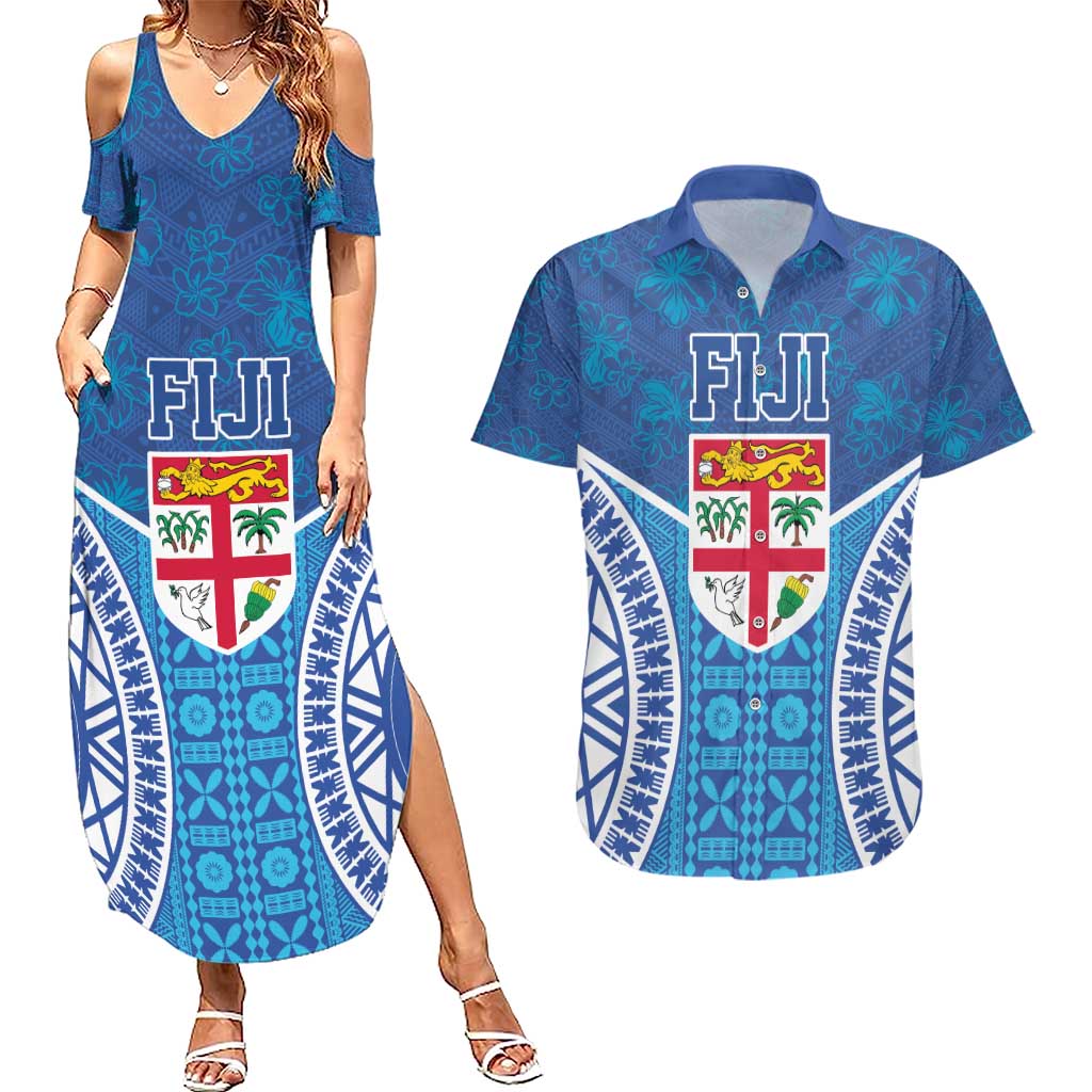 Fiji Day Couples Matching Summer Maxi Dress and Hawaiian Shirt Fijian Masi Tribal Hibiscus Tattoo and Tapa Pattern