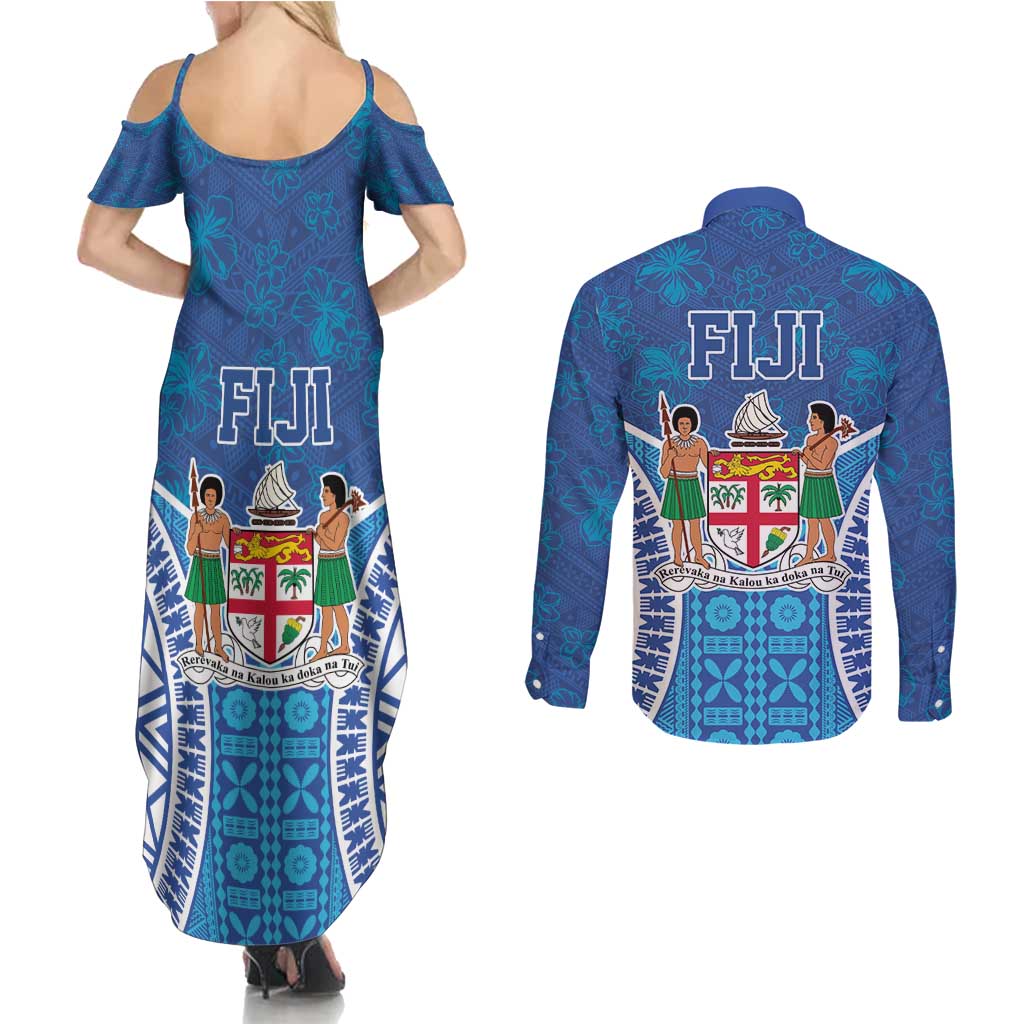 Fiji Day Couples Matching Summer Maxi Dress and Long Sleeve Button Shirt Fijian Masi Tribal Hibiscus Tattoo and Tapa Pattern