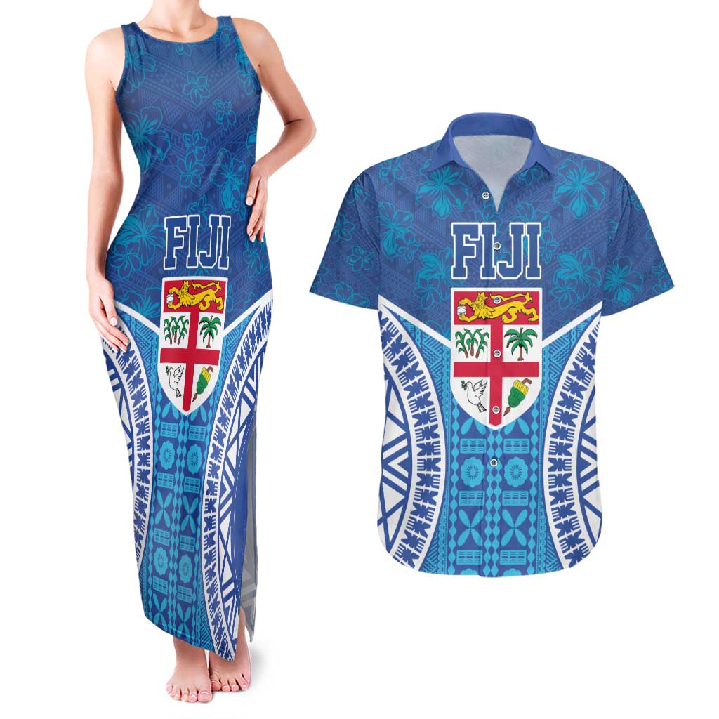 Fiji Day Couples Matching Tank Maxi Dress and Hawaiian Shirt Fijian Masi Tribal Hibiscus Tattoo and Tapa Pattern