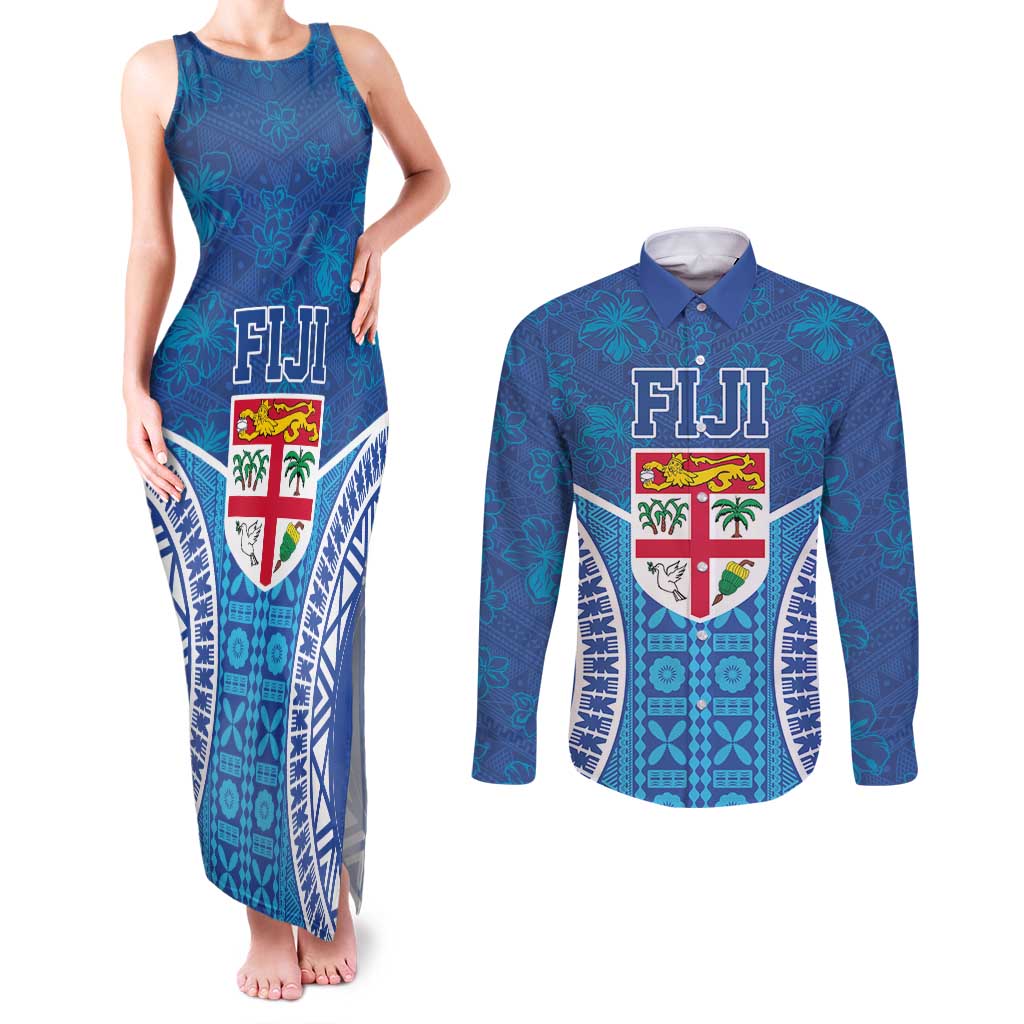 Fiji Day Couples Matching Tank Maxi Dress and Long Sleeve Button Shirt Fijian Masi Tribal Hibiscus Tattoo and Tapa Pattern