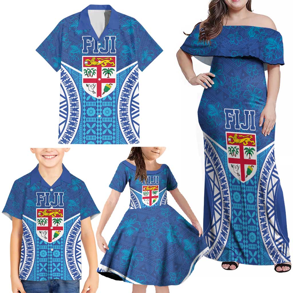 Fiji Day Family Matching Off Shoulder Maxi Dress and Hawaiian Shirt Fijian Masi Tribal Hibiscus Tattoo and Tapa Pattern