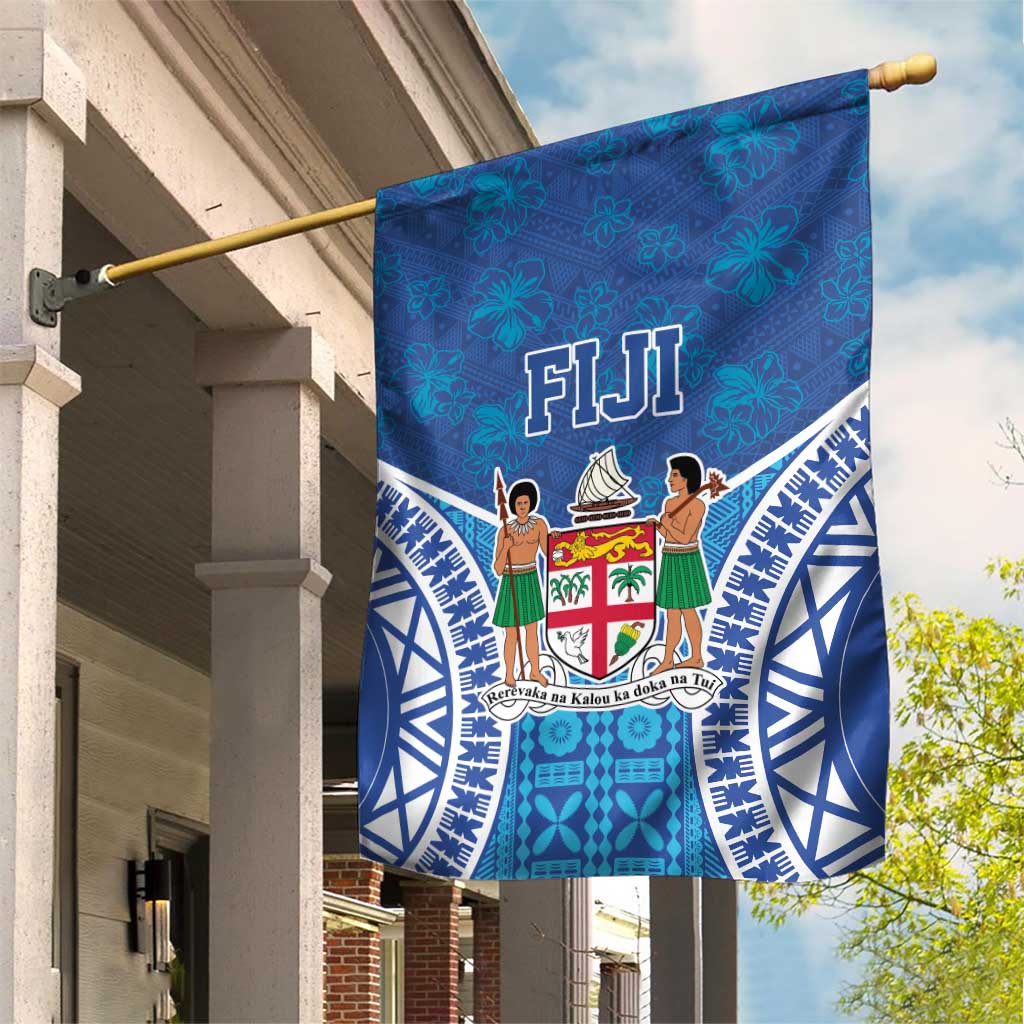 Fiji Day Garden Flag Fijian Masi Tribal Hibiscus Tattoo and Tapa Pattern LT03 House Flag Blue - Polynesian Pride