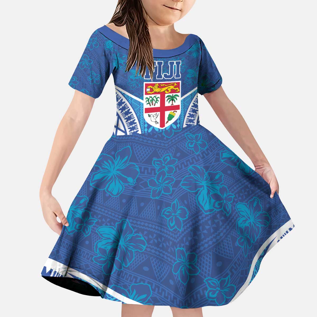 Fiji Day Kid Short Sleeve Dress Fijian Masi Tribal Hibiscus Tattoo and Tapa Pattern