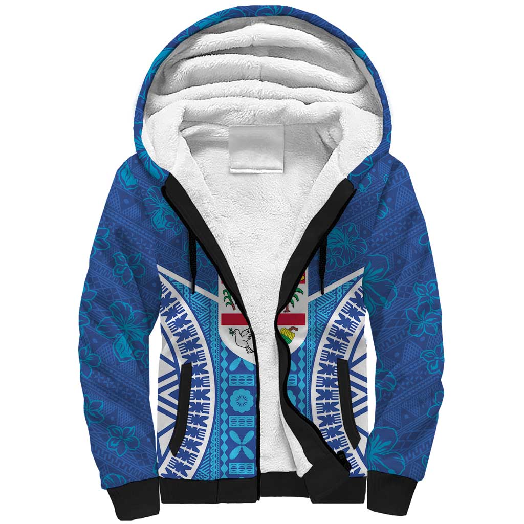 Fiji Day Sherpa Hoodie Fijian Masi Tribal Hibiscus Tattoo and Tapa Pattern