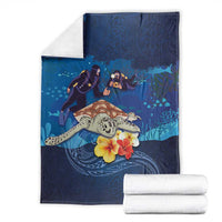Polynesian Scuba Diving Blanket Honu with Hibiscus and Plumeria Flower and Tapa Tribal Pattern