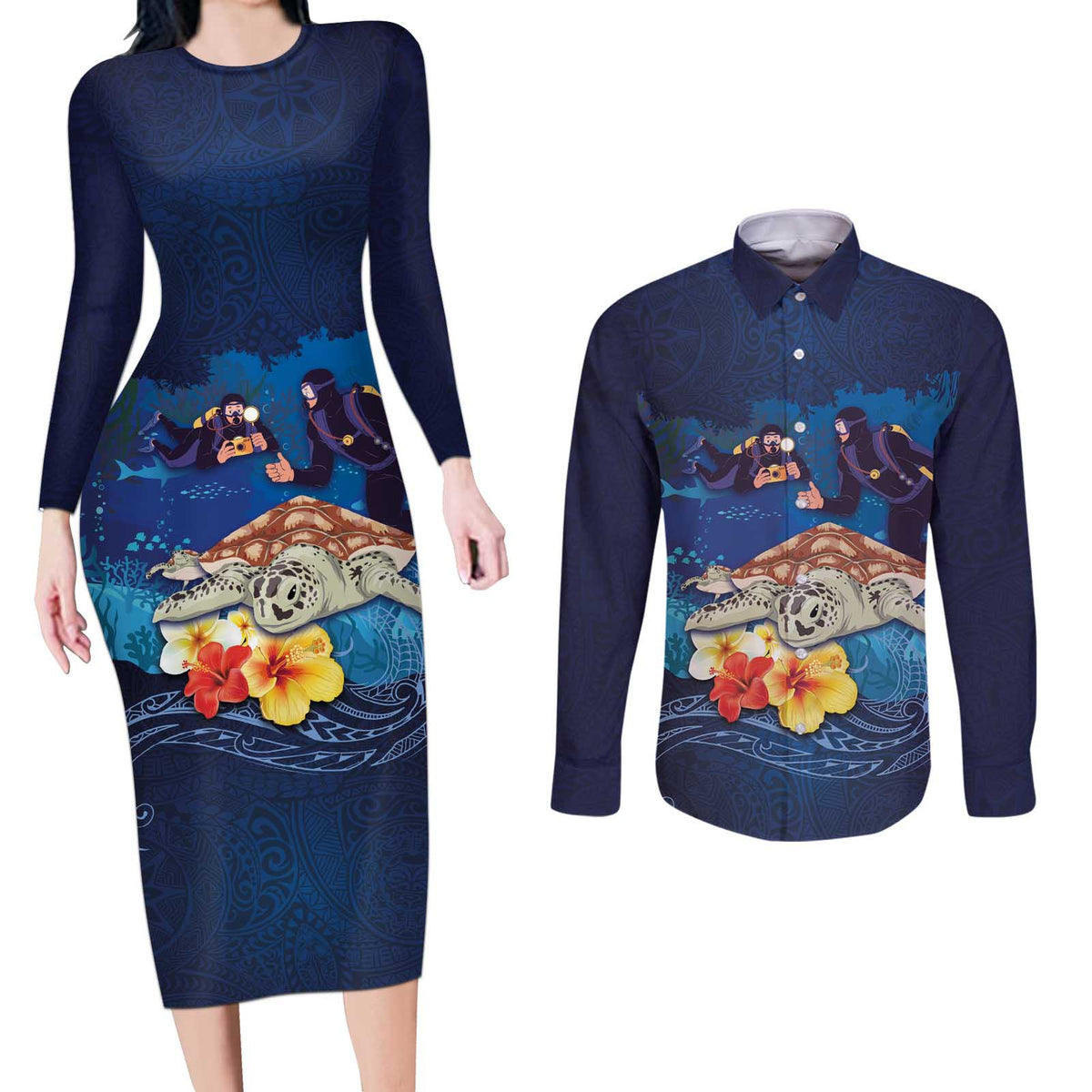 Polynesian Scuba Diving Couples Matching Long Sleeve Bodycon Dress and Long Sleeve Button Shirt Honu with Hibiscus and Plumeria Flower and Tapa Tribal Pattern
