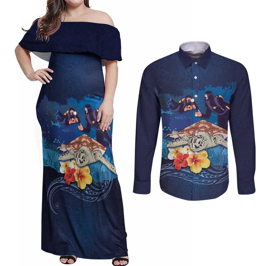 Polynesian Scuba Diving Couples Matching Off Shoulder Maxi Dress and Long Sleeve Button Shirt Honu with Hibiscus and Plumeria Flower and Tapa Tribal Pattern