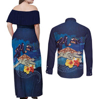 Polynesian Scuba Diving Couples Matching Off Shoulder Maxi Dress and Long Sleeve Button Shirt Honu with Hibiscus and Plumeria Flower and Tapa Tribal Pattern