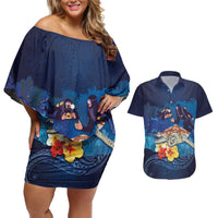 Polynesian Scuba Diving Couples Matching Off Shoulder Short Dress and Hawaiian Shirt Honu with Hibiscus and Plumeria Flower and Tapa Tribal Pattern