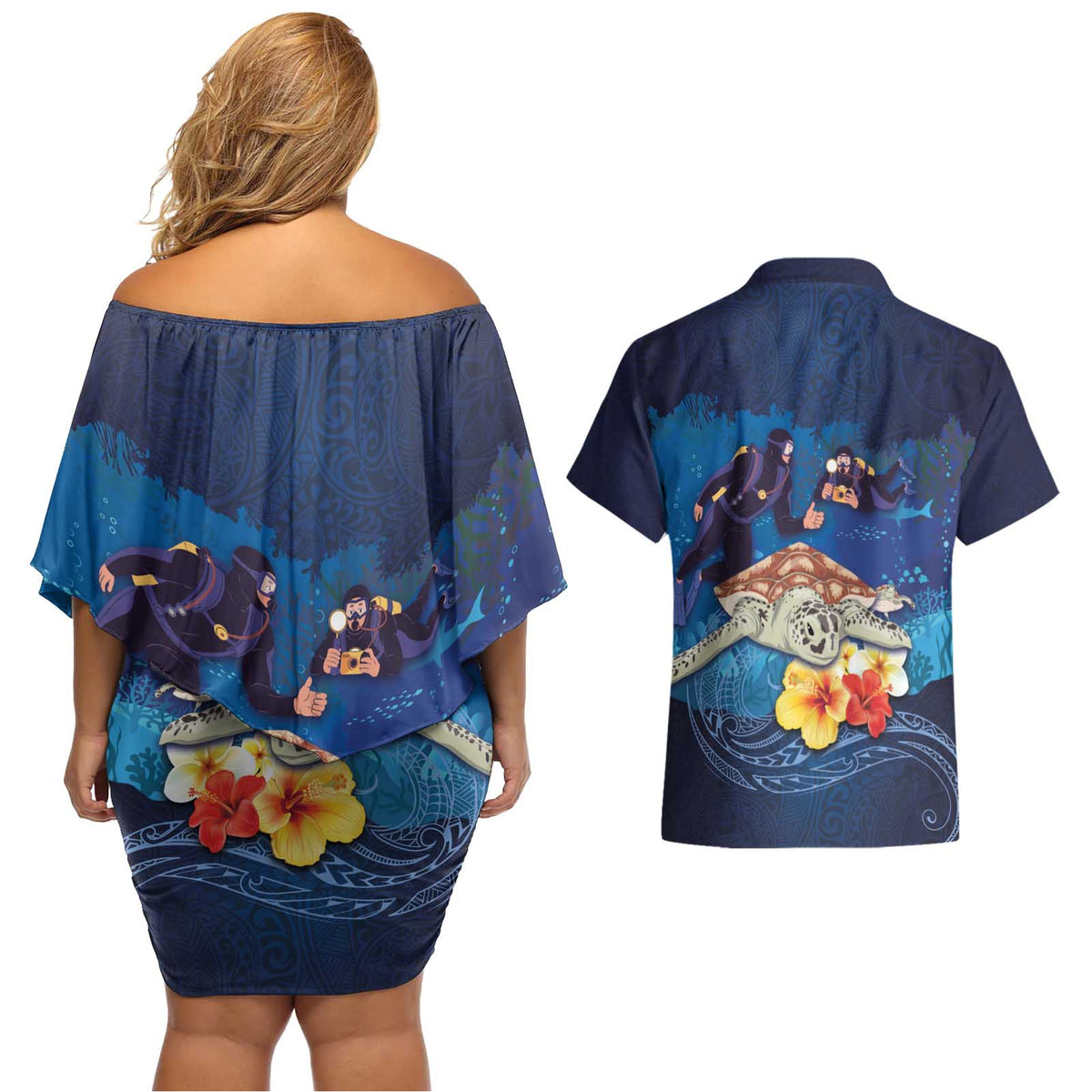 Polynesian Scuba Diving Couples Matching Off Shoulder Short Dress and Hawaiian Shirt Honu with Hibiscus and Plumeria Flower and Tapa Tribal Pattern