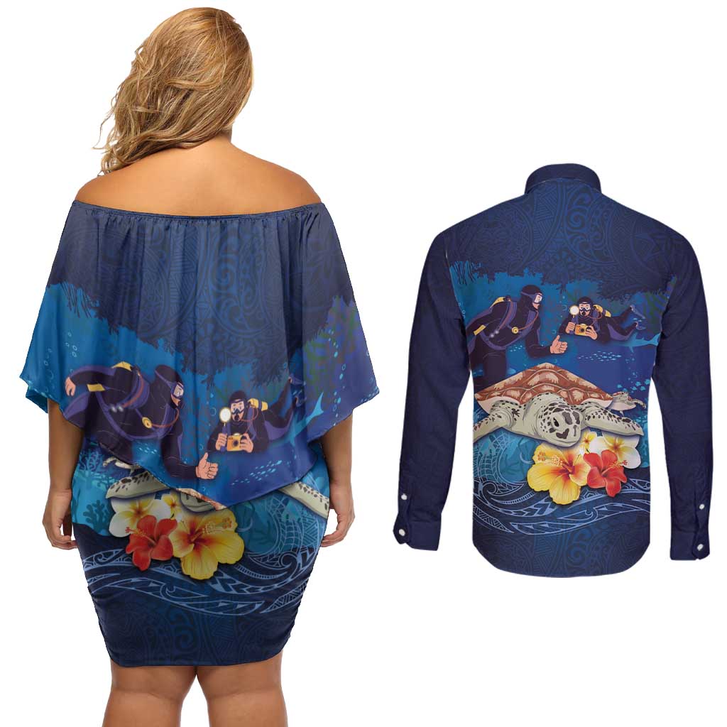 Polynesian Scuba Diving Couples Matching Off Shoulder Short Dress and Long Sleeve Button Shirt Honu with Hibiscus and Plumeria Flower and Tapa Tribal Pattern