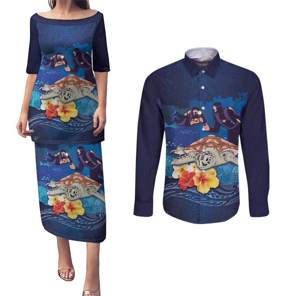 Polynesian Scuba Diving Couples Matching Puletasi and Long Sleeve Button Shirt Honu with Hibiscus and Plumeria Flower and Tapa Tribal Pattern